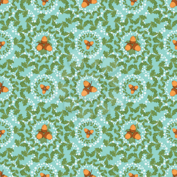 Seamless background, pattern of oak green leaves and acorns. Vector