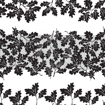 Seamless pattern, oak branches and acorns, black silhouettes on white background. Vector