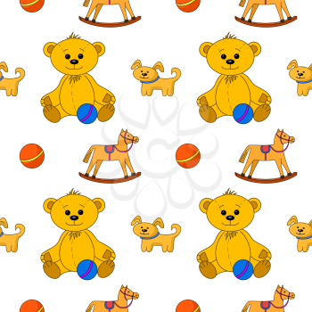 Seamless background, cartoon teddy bear with toys, ball, dog and horsy. Vector