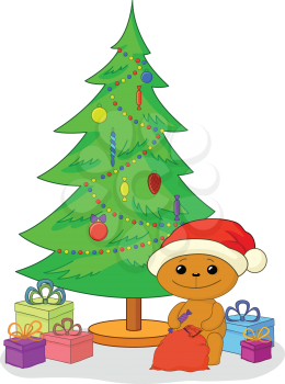 Holiday cartoon, teddy bear Santa Claus with gifts under the Christmas tree. Vector