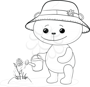 Cartoon, teddy bear gardener waters a bed with a flower from a watering can, contour. Vector