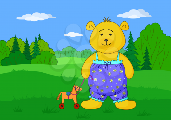 Teddy bear playing in summer forest with toy horsy