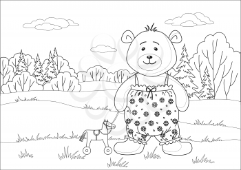 Teddy bear playing in summer forest with toy horsy, contours
