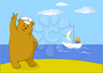 Teddy bear captain on seacoast shows victory sign