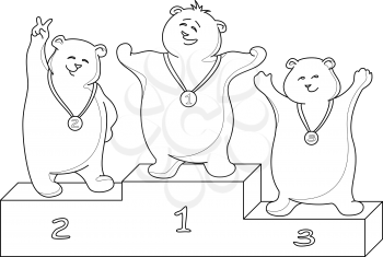 Sports cartoon, teddy bears sportsmans stand on a podium, contours. Vector