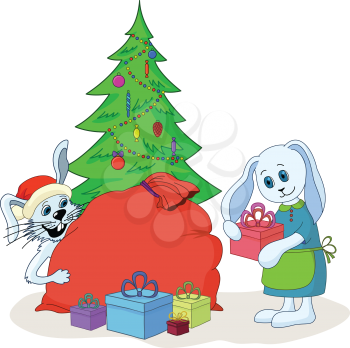Cartoon: rabbits and holiday decorations: Christmas tree, bag, gift boxes. Vector illustration