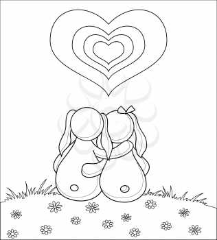 Valentine cartoon, rabbits lovers on flower meadow under cloudy heart, contour. Vector