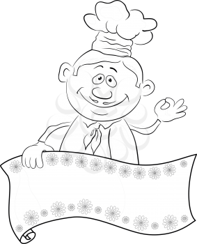 Cartoon cook - chef with blank banner for your text showing ok hand sign, black contour on white background. Vector