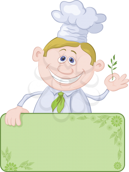 Cartoon cook - chef with blank banner for your text holding a sprig of spices. Vector