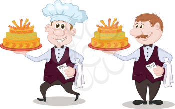 Cartoon character cook and waiter with sweet holiday cake, isolated on white background. Vector