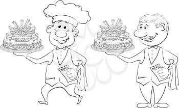 Cartoon character cook and waiter with holiday cake, black contour on white background. Vector