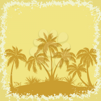 Tropical Landscape, Palms Trees And Grass Brown Silhouettes on a Yellow Background with Frame of Blots. Vector