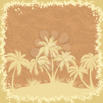 Tropical palms and grass silhouettes on a grungy background. Vector