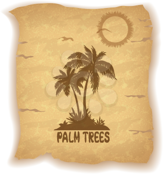 Tropical Landscape, Sea Island with Palm Trees and Grass, Sun, Bird Gull and Inscription Silhouettes on Vintage Background of an Old Sheet of Paper. Eps10, Contains Transparencies. Vector