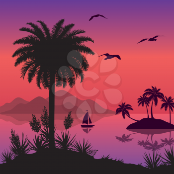 Tropical sea landscape, black silhouettes islands with palm trees and flowers, ship and birds gulls. Eps10, contains transparencies. Vector