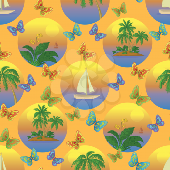Seamless tropical background with a boat at sea, butterflies, palms and flowers. Vector