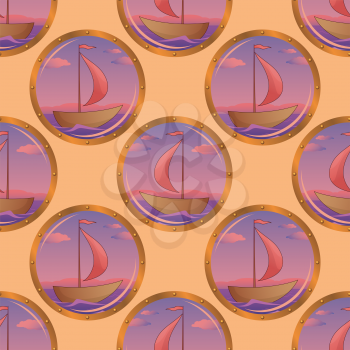 Seamless background, portholes with the ships floating on the sea. Vector