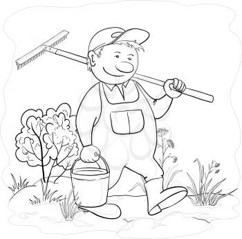 Man gardener with a bucket and a rake work in a garden, black contours isolated on white background. Vector