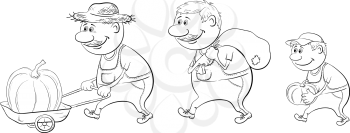 Cartoon farmers with the harvest of pumpkins, carry on a trolley and carry, black contour on white background. Vector