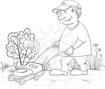 Lawn mower man work, mows a grass in the garden, black contours isolated on white background. Vector