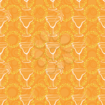 Seamless, glasses with a drink, white silhouettes on orange background with circles. Vector