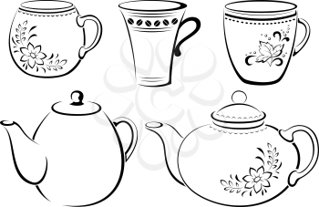 China Teapots and Cups with Floral Pattern, Black Pictograms Isolated on White Background. Vector