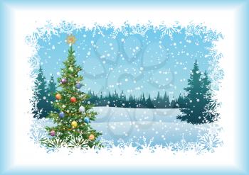 Winter woodland landscape with the Christmas tree with decorations. Eps10, contains transparencies. Vector