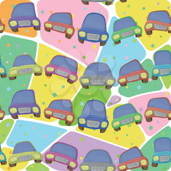 Seamless background, cartoon cars and abstract pattern. Vector