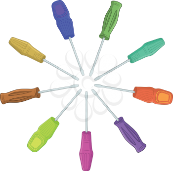 Tools, Set of Screwdrivers with Various Handles on White Background. Vector