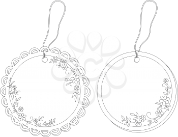 Round labels tags with floral pattern and ropes, contours. Vector