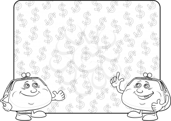 Smiling purses shows the thumb up against the background of the poster with dollars, contour. Vector
