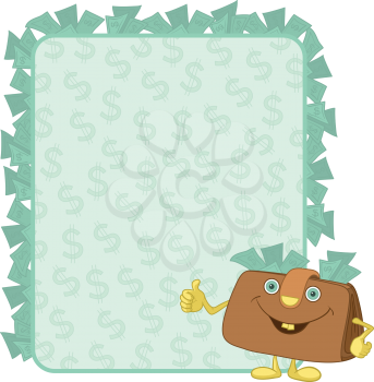 Smiling purse shows the thumb up against the background of the poster with dollars. Vector
