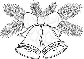 Christmas decoration, bells with bow and fir branches, black contours isolated on white background. Vector