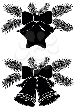 Christmas decorations: bells and star with bows and fir branches, black silhouette on white background. Vector illustration