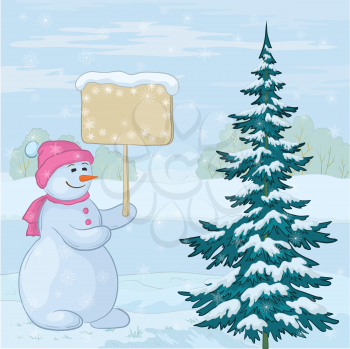 Christmas cartoon, snowmen woman with the poster for your text in the winter forest. Vector