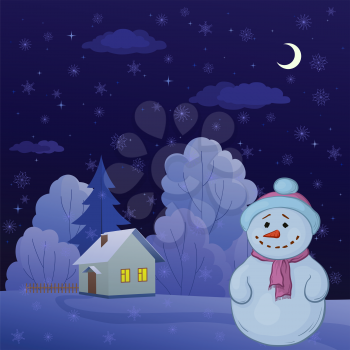 Christmas cartoon, snowman on a night winter forest glade with house. Vector