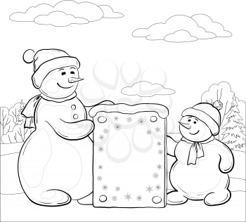 Christmas cartoon, Snowman mother and son in the winter forest with a banner for your text. Contours. Vector
