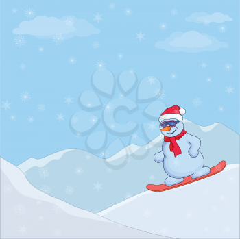 Cartoon, snowman sportsman skiing on a snowboard in the mountains. Vector