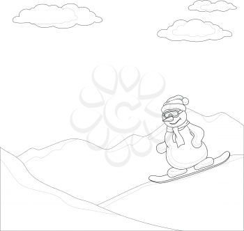 Cartoon snowman sportsman skiing on a snowboard in the mountains, contours. Vector