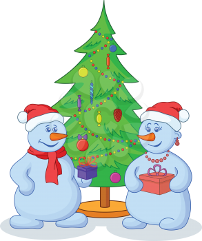 Cartoon, snowmans with holiday gifts under the Christmas tree. Vector