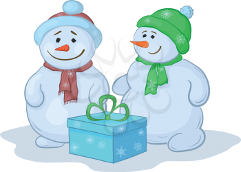Christmas cartoon, snowmens children with gift box. Vector