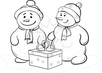Christmas cartoon, snowmens children with gift box, contours. Vector