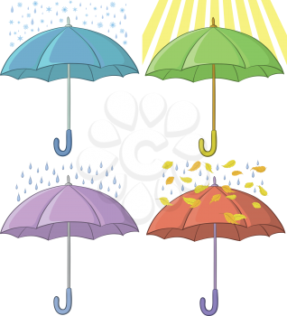 Set of various umbrellas and weather conditions, sun, rain, snow, autumn leaves. Vector