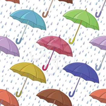 Seamless background, various colorful umbrellas and blue rain drops on white. Vector