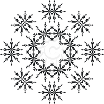 Abstract pattern of snowflakes, black contours isolated on white background. Vector