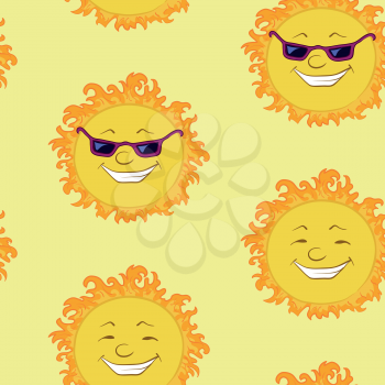 Seamless background, smiling cartoon character summer sun in sunglasses. Vector illustration