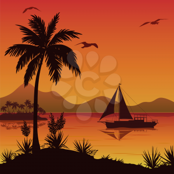 Tropical Sea Landscape, Palm Trees and Flowers, Sailing Ship and Birds Gulls in the Sky. Vector