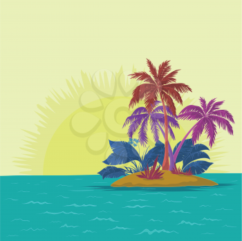 Tropical sea island with palm trees and sun, abstract colors. Vector