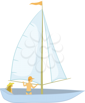 Sailing boat with a man and a woman, isolated on white. Vector illustration