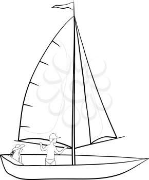 Sailing boat with a man and a woman, contours on white background. Vector